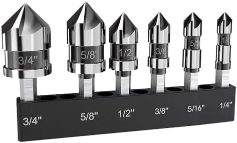 M35 Cobalt Countersink Drill Bit Pro-Grade 6pc Cobalt Countersink Bits Set | 5-Flute Design for Metal/Wood/Stainless Steel/Carbon Steel | Auto Repair & Marine Use | 1/4 Inch Quick Change Hex Shank