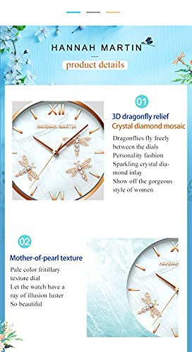 Dragonfly Women Watches,Crystal Diamond Dial,Pearl Texture Big Watch Face,Vacuum Plating Stainless Steel/Genuine Leather Band,Japanese Quartz,Waterproof,Rose Giftable Packing For Women Ladies Girls #TOP3