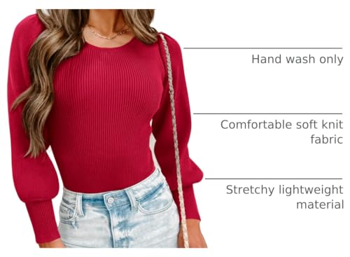 Image of MASCOMODA Womens Puff Long Sleeve Ribbed Sweater Bodysuits | Fall Winter Outfits 2026, Crewneck Knitted Bodysuit Dressy Casual, Cute Slim Fit Pullover Tops, Work, Date, Dress Up & Down