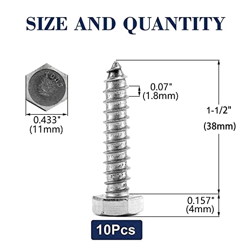 Image of 1 /4 inch x 1-1 /2 inch Hex Head Lag Screws Bolts 10Pcs 304 Stainless Steel 18-8, Partial Thread, Hexagon Head Wood Screws by SG TZH