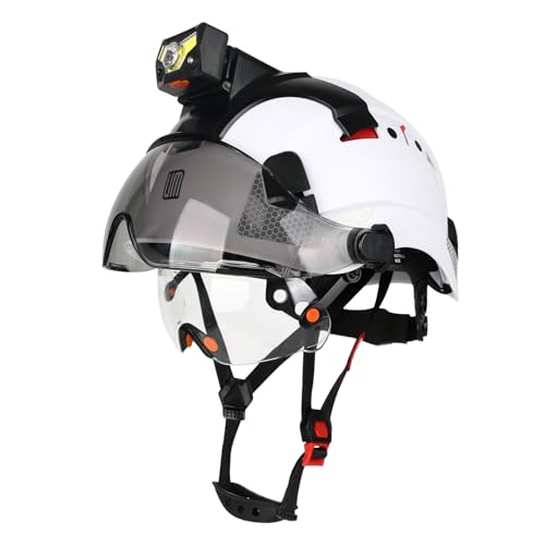 UM ULTRAMAXX ANSI Z89.1 Certified Hard Hat with Light – Detachable Headlamp Safety Helmet with Visor, Adjustable Vented Hard Hat with Chin Strap, White