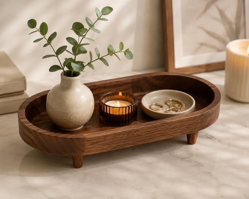 Image of D&G Homes Wooden Serving Trays, Large Sheesham Wood Serving Tray with Legs,13 x 6 x 2 in, Stackable Platters for Serving Cakes, Pastries, Snacks, Breakfast, Coffee Table, Party, Home Decor