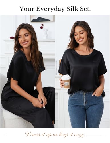 Image of THXSILK Mulberry Silk Womens Pajama Set with Pocket, 2 Piece Lounge Sets for Women, Short Sleeve Sleepwear
