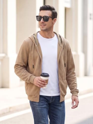 Satankud Men's Jacquard PlaidCloth Zipper Hoodie Sweatshirt Khaki — view 2