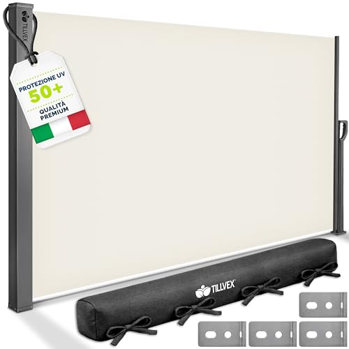 tillvex® Tenda laterale estensibile e oscurante 180 x 300 cm con copertura per balcone, giardino e terrazzo | Tenda a rullo con supporto a parete | Protezione dal sole, in acciaio inox, antivento