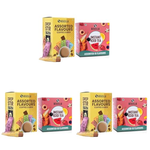 Image of Bevzilla Instant Iced Tea Mix (10 Flavours, 30g Each) | Perfect for Summer + 10 Instant Coffee Cubes with Date Palm Jaggery, 5 Flavours, No Sugar, No Preservatives (Pack of 3)