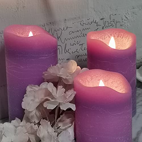 Image of iZAN 3 Pack Real Wax Flameless Candles Battery Operated LED Pillar Flickering Realistic Electric Candle Gift Sets with Remote Control and Cycling 24 Hours Timer 3 inchD X 4 inch 5 inch 6 inch H (Purple)
