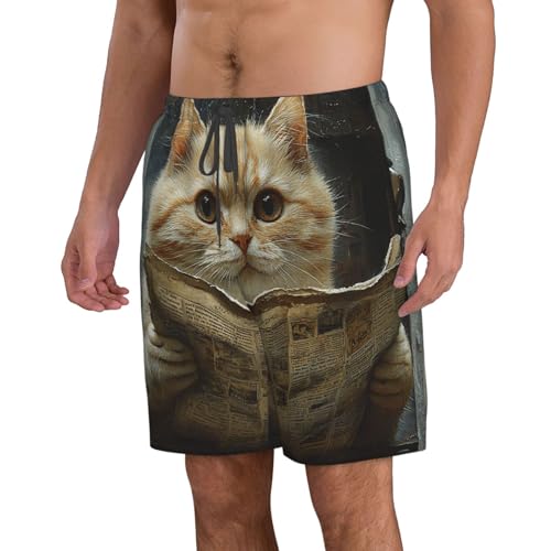 Mens Swim Trunks Board Shorts Quick Dry Shorts with Pockets - Funny Cat Old Newspaper2