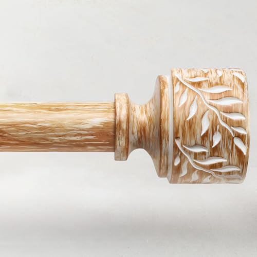 Boho Wood Curtain Rods for Windows 48 to 84 Inch 1 Diameter Adjustable Heavy Duty Curtain Rod with Imitation Wooden Grain Leaf Pattern Finials Rustic Decorative Drapery Rods Size 32-90