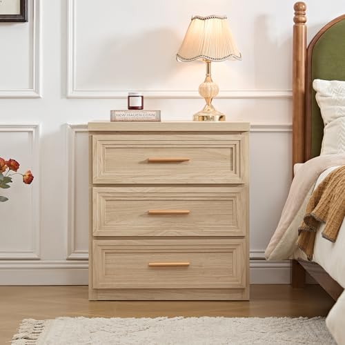 RWYHG Night Stand with 3 Drawer 26 Fluted Wooden Tall Nightstand Metal Handle for Bedroom Living Room Bedside Table Modern Style Furniture Natural