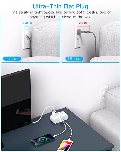 Flat Plug Power Strip, 6 Ft Ultra Thin Flat Extension Cord, 3 Outlets 3 USB Ports(2 USB C) Slim Desk Charging Station, Power Strip with No Surge Protector for Cruise Ship Travel Dorm Room Essentials