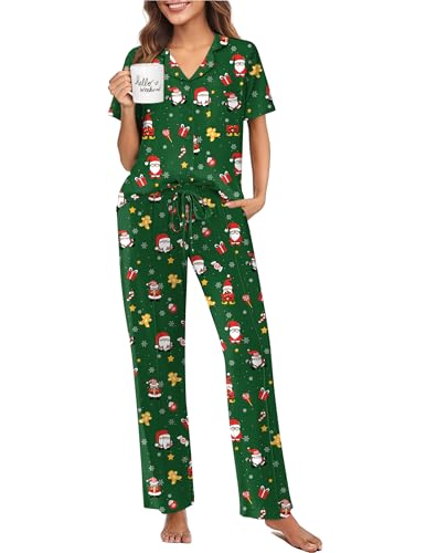 Image of Ekouaer Pajamas for Women Set Button Up Short Sleeve Pjs Sets With Pockets | Soft Womens Sleepwear,V Neck,Notch Collar,2 Piece Classic Loungewear With Long Pant for Sleep,Lounge,Fall
