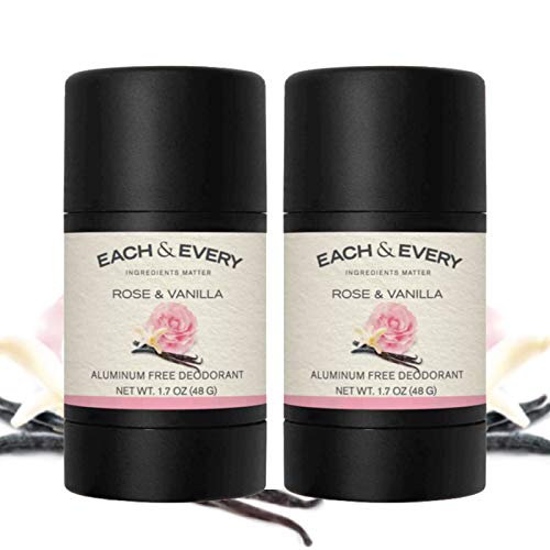 Each & Every 2-Pack Travel Size Natural Aluminum-Free Deodorant for Sensitive Skin with Essential Oils, Plant-Based Packaging, Rose & Vanilla 1.7 Oz