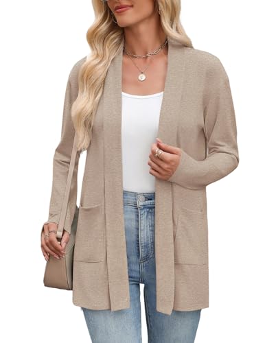 Zeagoo Cárdigan Mujer Largo Ligero Chaqueta Delgada Cárdigan de Punto Manga Larga Chaquetas Otoño Elegante Parte Superior Delantera Abierta Chaquetas con Bolsillos Casual Monocolor Tops S-XXL, caqui