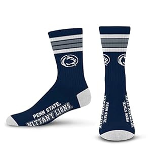 For Bare Feet Mens NCAA 4 Stripe Deuce Crew Socks, Penn State Nittany Lions, Large