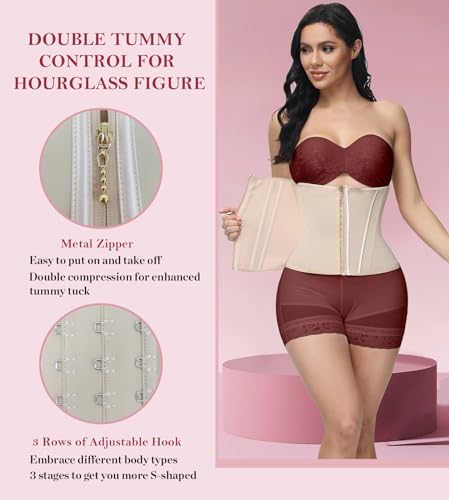 Image of SHAPSHE Waist Trainer For Women Cincher Underbust Corset Shapewear Zipper | Double-Layer Tummy Control Smooth Belly,15 Steel Bones Support Back,Elastic Mesh Enhances Comfort,Postpartum,Daily,Workout