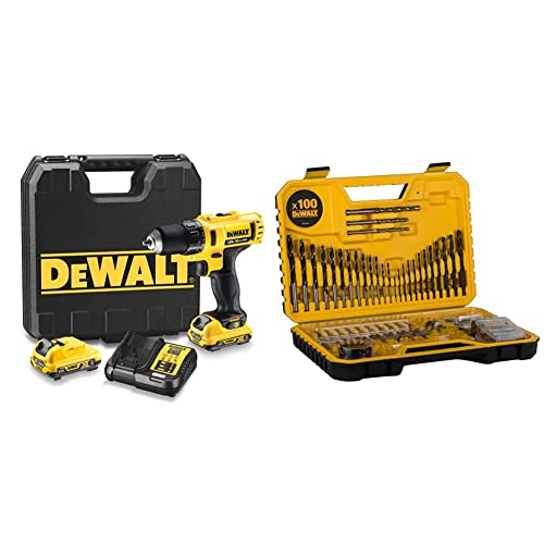 DEWALT DCD710D2-qw Trapano Avvitatore, 2 velocità, 2.0 Ah, con Doppia Batteria in Valigetta, 10.8 V, Giallo/Nero & DT71563-QZ Set Punte Trapano Combinazione 100 pezzi
