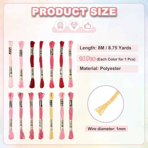 Image of PATIKIL 14 Skeins Embroidery Floss Polyester Embroidery Threads Bracelets String for Cross-Stitch Hand Embroidery, Rose Gradient