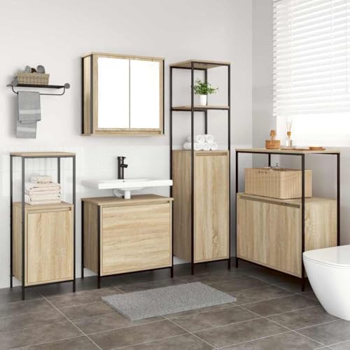 WRJENFSC Juego de muebles de baño 5 piezas, color beis, 76,5 x 35 x 95 cm, material de madera con espejo plano, armario de baño enrollable moderno y duradero, para baño pequeño