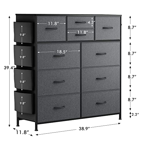 Lulive 10 Drawer Dresser, Chest Of Drawers For Bedroom With Side Pockets And Hooks, Fabric Storage Dresser, Sturdy Steel Frame, Wood Top, Organizer Unit For Nursery, Hallway, Closet (Dark Grey) #TOP2