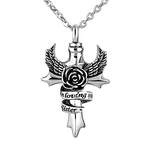 LSxAB Collier urne funéraire avec pendentif en forme d'aile d'ange avec croix en forme d'aile d'ange pour conserver les cendres, Acier inoxydable, Pas de gemme