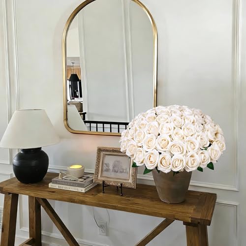 Image of 50 PCS Champagne Roses Artificial Flowers, Fake Roses with Stem Realistic Silk Rose for DIY Wedding Bouquets Table Centerpieces Arrangements Baby Shower Birthday Home Decor Valentines Day Gift for Her
