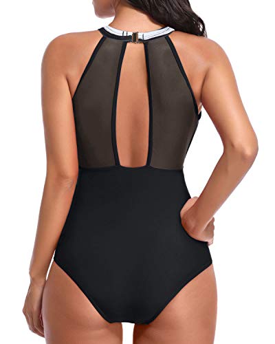 Tempt Me Women One Piece Swimsuits Black White Stripe Plunge Mesh Ruch Swimwear M #TOP1