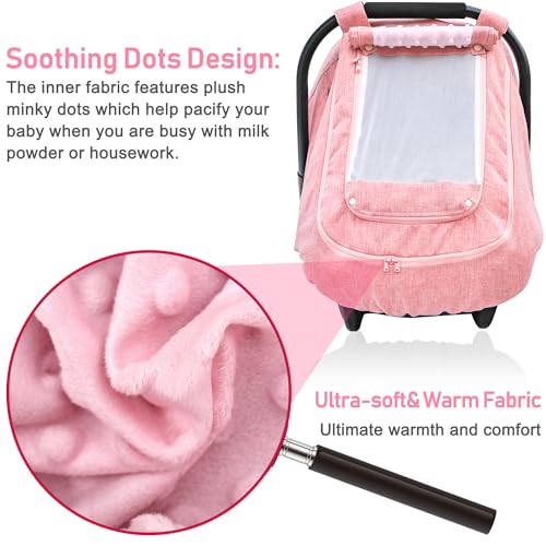 Image of Waterproof Baby Car Seat Cover，YVMVDV Patented Pink Cold Weather Carseat Cover for Babies,Infant Car Seat Cover Canopy for Girls, Windproof Car Seat Canopy for Girls, Keeps Babies Warm and Cozy