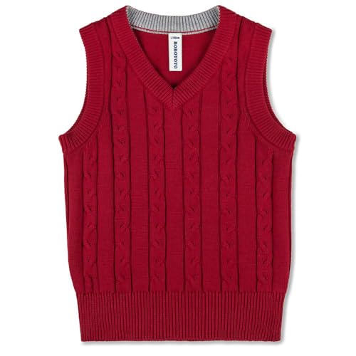 BOBOYOYO Boys Sweater Vest Unisex Cable Knit 100% Cotton Toddler Uniform Vest for Little Big Childrens Kids Teenage Girls Classic Red