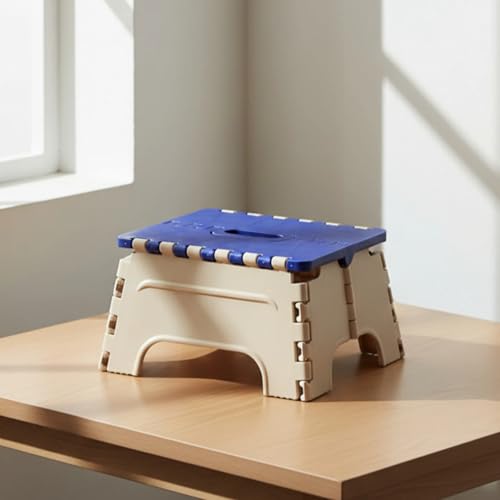 Image of 7 Inches Foldable Plastic Step Stool for Home & Kitchen, Portable Non-Slip Folding Stool, Heavy Duty Multipurpose Foot Rest for Bathroom, Office & Outdoor Use (Blue-Ivory)