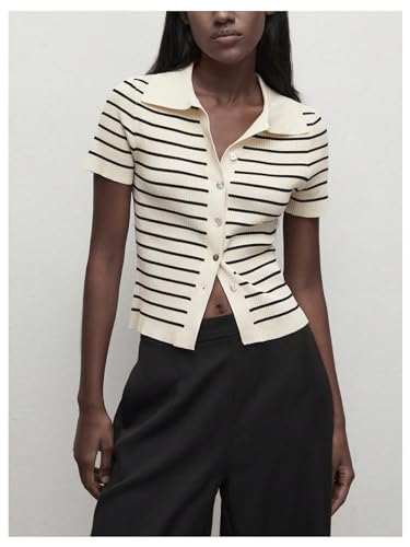 Verdusa Women's Old Money Striped Knit Tops Button Down Short Sleeve Sweaters Collared Tee Tops4