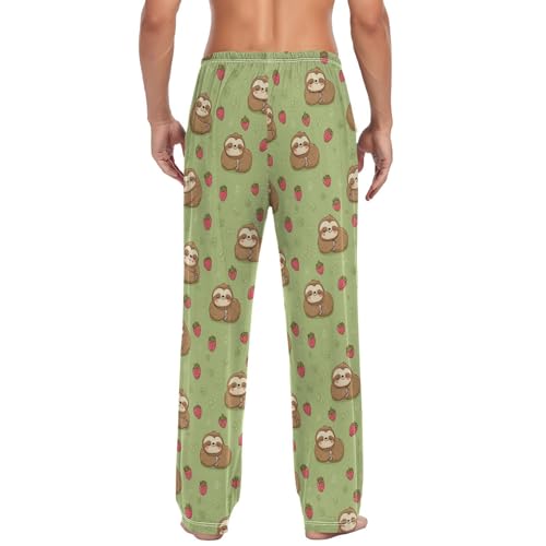 Vdsrup Men's Pajama Pants Strawberry Sloth Green Pajama Pants for Men PJs Bottoms Drawstring Pockets Sleep Lounge Pants S2