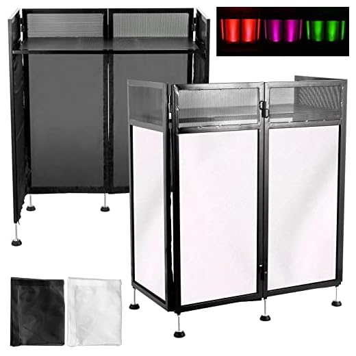 Happybuy 20x40x45 Inches DJ Facade Table Station, DJ Booth Flat Table Top 20x40 Inch, Adjustable DJ Event Facade with White & Black Scrim, Folding DJ Booth Metal Frame, Foldable Cover Screen