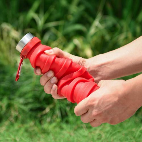 Image of we3 Collapsible Water Bottle, 550ml Reusable Silicone Light Water Bottles for Travel Outdoor Portable Leakproof Drinking Bottles with Carabiner (Red, Pack of 1)