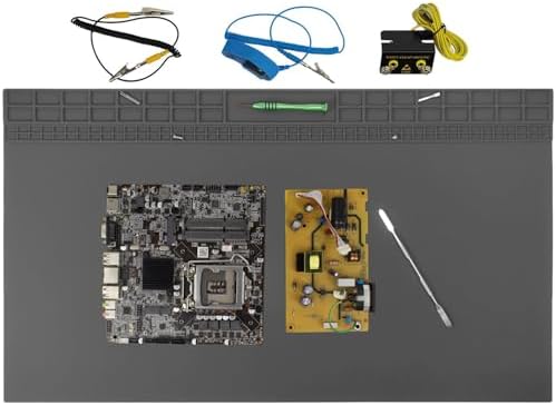 70cm x 40 cm Large Silicone Soldering Mat Fireproof Heat Resistant Repair Mat with Grounding Socket, Grounding Cord, Anti Static Wristband for Drone, Laptop, PC, Watch, Handphone Repair (Grey)