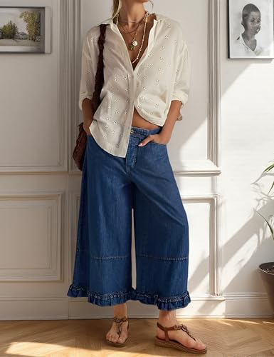 Dqbeng Wide Leg Jeans for Women Ruffle Hem Cropped Denim Pants Mid Rise Elastic Waist Baggy Jeans with Pockets4