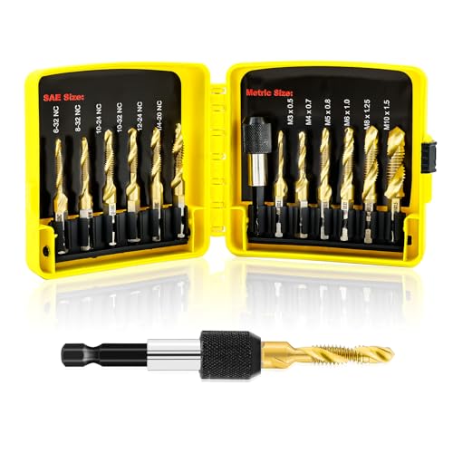 FOCSTOL Juego Combinación Recubiertas Titanio - Brocas Rosca Métrica para Taladrar Roscar y Avellanar Hierro Aluminio Cobre Metal 13 piezas (6-32NC a 1/4-20NC y M3 a M10)
