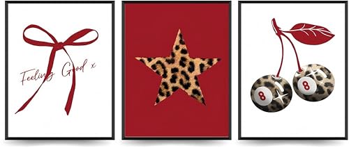 Linilioart Trendy Leopard Wall Art Prints Set of 3 Red Lucky 8 Ball Posters Vintage Preppy Aesthetic Pictures for Bedroom Apartment Dorm,Unframed (40x50cm)