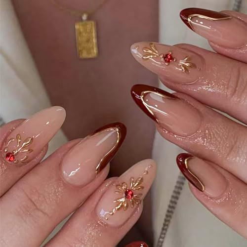 Image of Red French Tip Press on Nails Gold Edge Fake Nails Medium Almond False Nails with Rhinestone Design Flower Glue on Nails Artificial Acrylic Nail Full Cover Nude Stick on Nails for Women Manicure 24Pcs