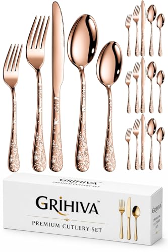 Image of 20 Pcs Rosegold Floaral Stainless Steel Cutlery Set for Dining Table with Spoons and Forks Set + Butterknives - The Perfect Tableware /Flatware