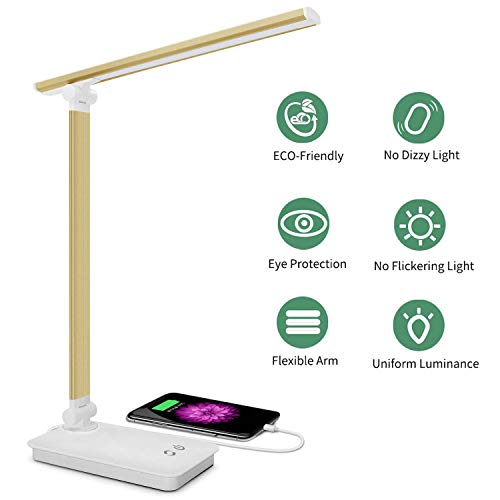 Preisvergleich Produktbild SaponinTree LED Schreibtischlampe, Dimmbare Tischleucht mit 5 Farb- und 3 Helligkeitsstufen, Energiesparlampe mit Touchfeld Wiederaufladbarem für Büro, Lesen, Studieren (Gold)