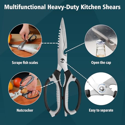 Image of BoFuYuan 9-Inch Detachable Heavy Duty Kitchen Scissors for Food, Black | Multifunctional, Sharp Serrated Blade, Dishwasher Safe, Ergonomic Non-Slip Handle, Multipurpose Cooking Food Cutting Shears