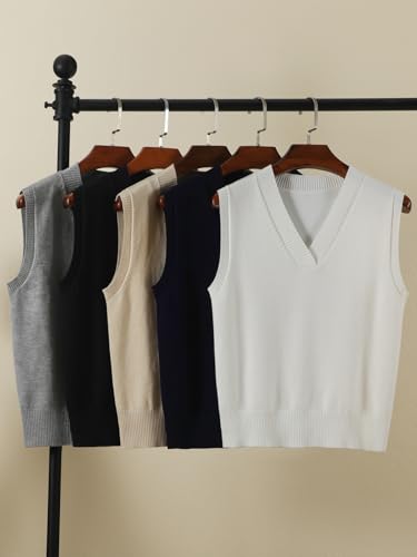 Image of Wowcarbazole Women's V Neck Sweater Vest Sleeveless Ribbed Knit Pullover JK Uniform Classic Basic Tank Tops