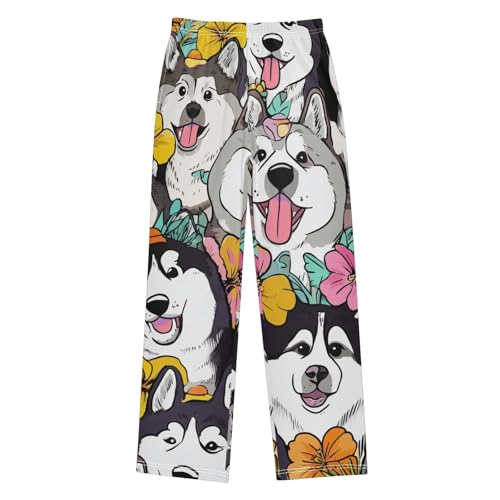 Husky Tropical Flowers Boys Long Pants Soft Trousers Elastic Waist Kids Lounge Bottoms with Pockets S-XL