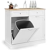 Giantex Kitchen Trash Cabinet, 40 L Tilt Out Trash Bin Cabinet with Single Trash Can Holder, Rubber Wood Countertop, Drawers, Adjustable Shelf, Freestanding Recycling Cabinet, Kitchen Island (White)