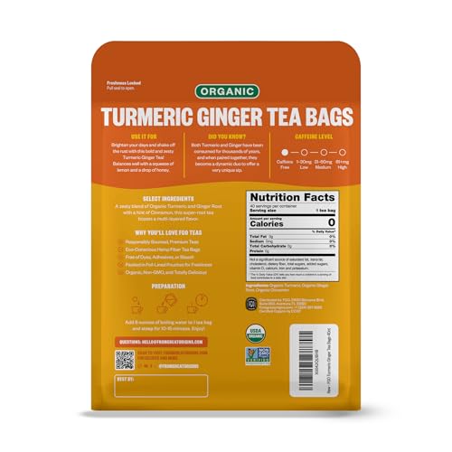 Image of FGO Organic Turmeric Ginger Herbal Tea, 40 Count, Eco-Conscious Tea Bags, Caffeine Free (Pack of 1)
