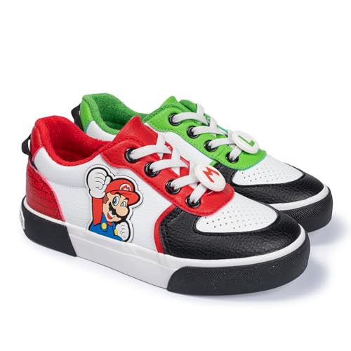Super Mario Youth Lace-Up Court Sneakers Nintendo Character Athletic Shoes for Kids Boys Girls Lightweight Casual Streetwear Tennis Style Trainers with Durable Soles White Size 12 Little Kid