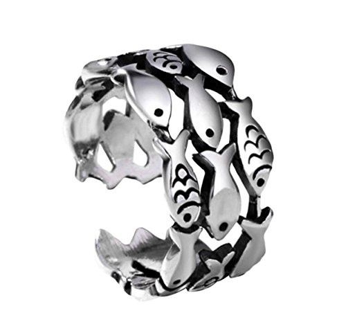 Anillo abierto ajustable Iszie de plata fina con estilo vintage y diseño de peces Cover