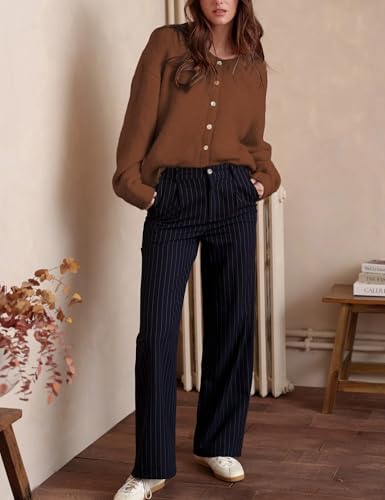 Image of Ynhonra Womens Cardigan Sweater Front Button Loose Y2k Long Sleeve Crewneck | Lightweight Knit Ribbed Hem