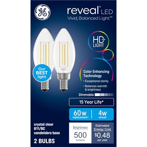 GE Reveal LED Light Bulbs, Candle Lights, 60 Watts, Clear Decorative B11 Bulbs, Small Base (2 Pack)